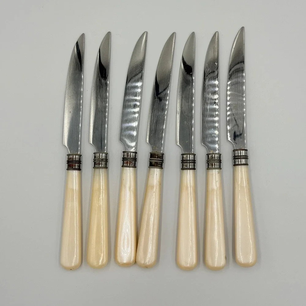 VTG Steak Knives‎ Set 7 Faux Bone Handle Stainless China Mid Century Retro
